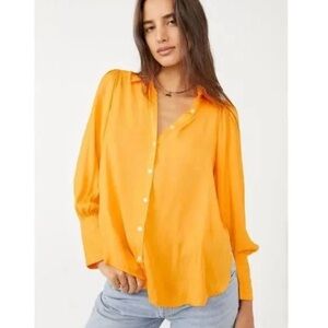 Free People Serena Silky Striped Shirt in yellow orange Medium